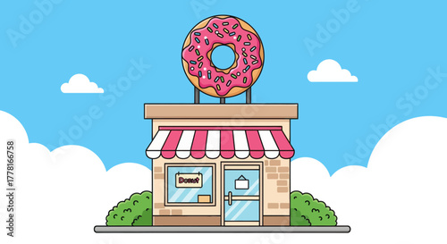 Colorful donut shop illustration with pink frosted donut sign, striped awning, and blue sky background. Perfect for bakery, dessert, or cafe branding design.