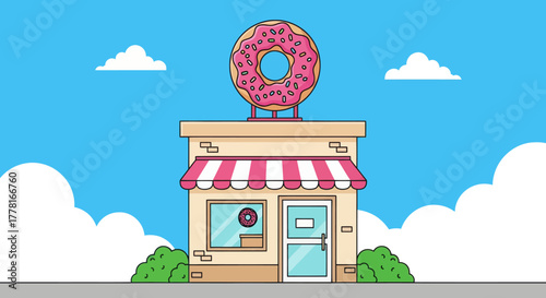 Colorful donut shop illustration with pink frosted donut sign, striped awning, and blue sky background. Perfect for bakery, dessert, or cafe branding design.
