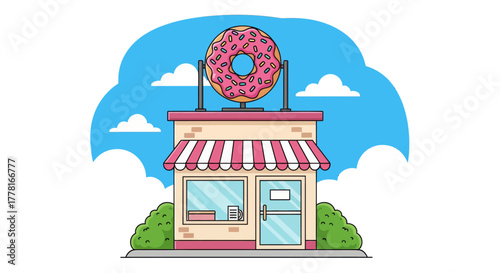 Colorful donut shop illustration with pink frosted donut sign, striped awning, and blue sky background. Perfect for bakery, dessert, or cafe branding design.