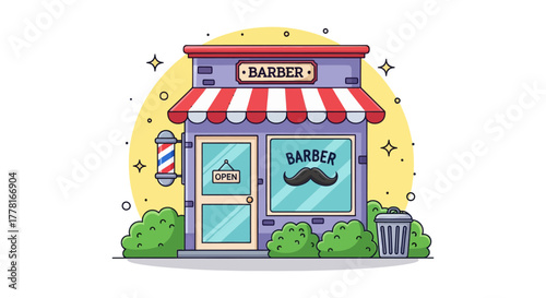 Colorful barbershop illustration with red and white awning, mustache logo, and classic barber pole. Perfect for salon, haircut, grooming, or small business design concepts.