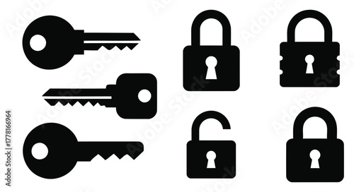 Security and Lock Access Icon Set. Key, Padlock, Privacy, and Authorization Symbol Vector Black and White Illustrations.