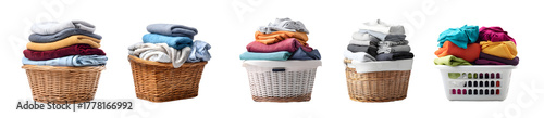 Five laundry baskets filled with colorful folded clothes.