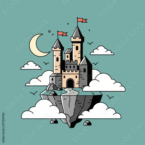 Fantasy castle on floating island with moon and clouds. Magical vector illustration perfect for fairytale, dreamland, and adventure design concepts.