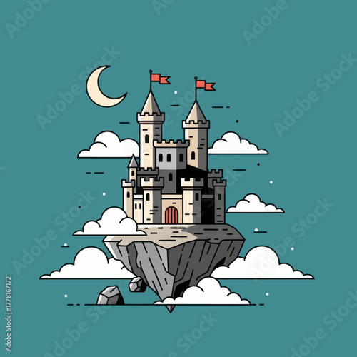 Fantasy castle on floating island with moon and clouds. Magical vector illustration perfect for fairytale, dreamland, and adventure design concepts.
