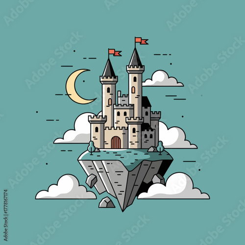 Fantasy castle on floating island with moon and clouds. Magical vector illustration perfect for fairytale, dreamland, and adventure design concepts.