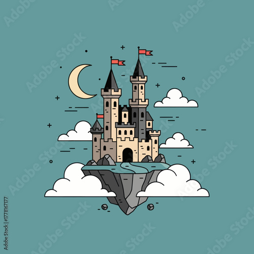 Fantasy castle on floating island with moon and clouds. Magical vector illustration perfect for fairytale, dreamland, and adventure design concepts.