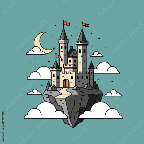 Fantasy castle on floating island with moon and clouds. Magical vector illustration perfect for fairytale, dreamland, and adventure design concepts.