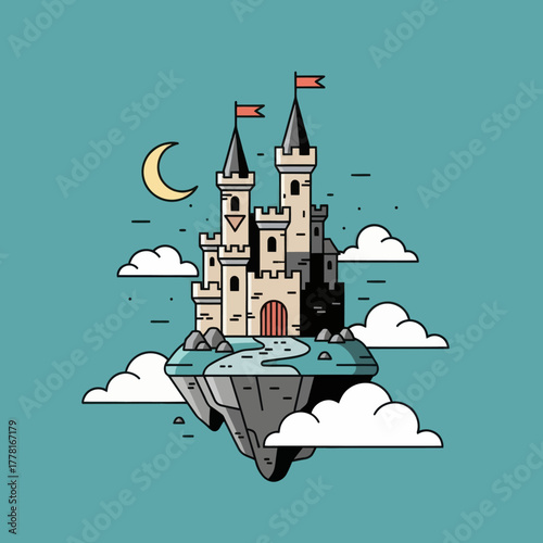 Fantasy castle on floating island with moon and clouds. Magical vector illustration perfect for fairytale, dreamland, and adventure design concepts.