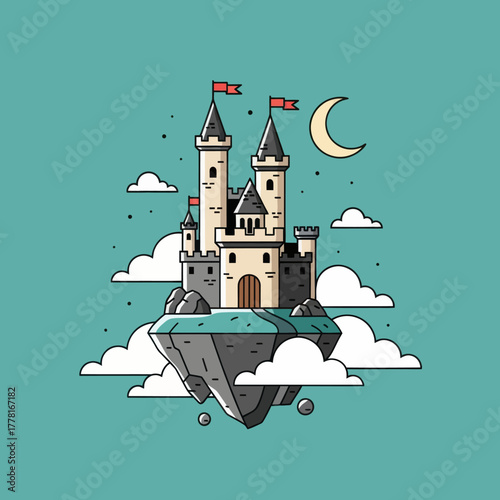 Fantasy castle on floating island with moon and clouds. Magical vector illustration perfect for fairytale, dreamland, and adventure design concepts.