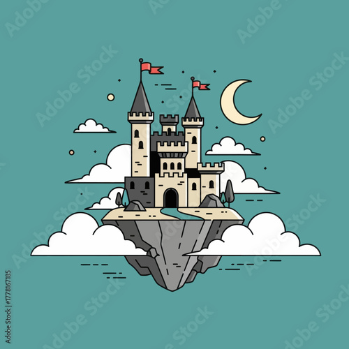 Fantasy castle on floating island with moon and clouds. Magical vector illustration perfect for fairytale, dreamland, and adventure design concepts.