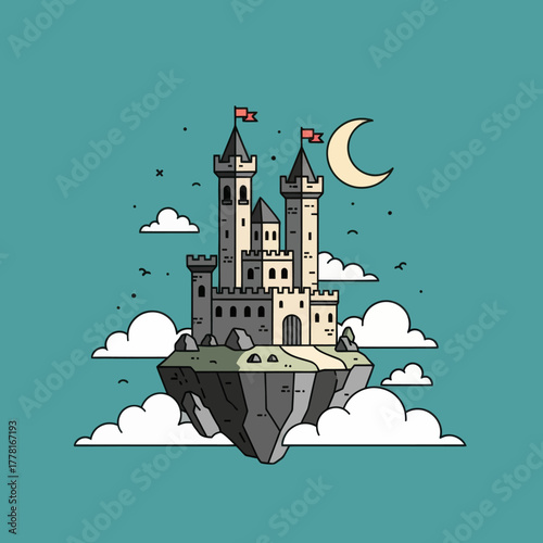 Fantasy castle on floating island with moon and clouds. Magical vector illustration perfect for fairytale, dreamland, and adventure design concepts.
