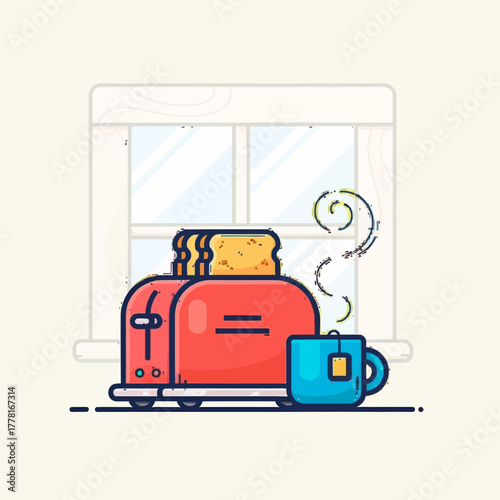 Breakfast illustration with red toaster, toasted bread, and hot tea cup near window. Cozy flat vector design ideal for food, kitchen, or morning routine concepts.