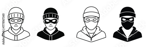 Cyber Crime and Hacker Threat Icon Set. Thief, Burglar, or Digital Criminal Figure with Ski Mask Vector Outline and Solid Illustrations.