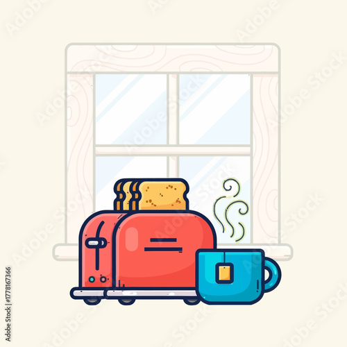 Breakfast illustration with red toaster, toasted bread, and hot tea cup near window. Cozy flat vector design ideal for food, kitchen, or morning routine concepts.
