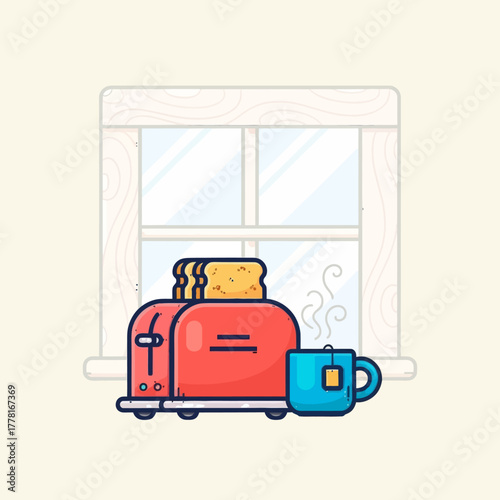 Breakfast illustration with red toaster, toasted bread, and hot tea cup near window. Cozy flat vector design ideal for food, kitchen, or morning routine concepts.