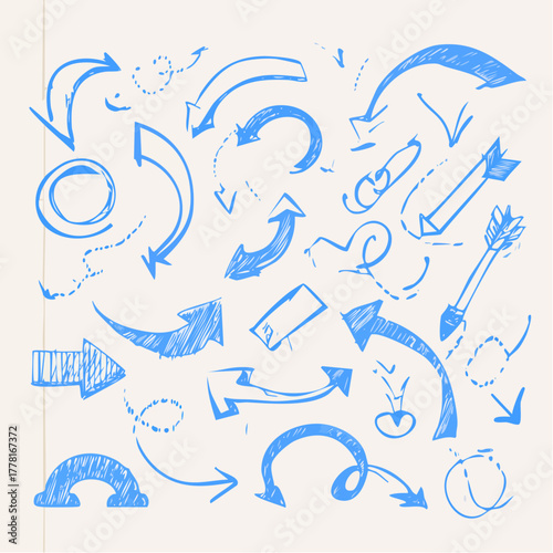 Blue pen arrow collection on checkered paper sheet. Hand drawn crayon various arrows, curved, wavy and straight lines. Direction pointers for notes, doodle and school design. Playful emphasis elements