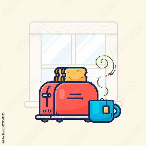 Breakfast illustration with red toaster, toasted bread, and hot tea cup near window. Cozy flat vector design ideal for food, kitchen, or morning routine concepts.
