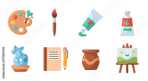Eight art supplies palette brushes paint tubes sculpture notebook pencil pot easel with artwork