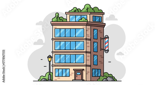 Modern barbershop building illustration with large glass windows, rooftop greenery, and classic barber pole. Flat vector design perfect for urban, architecture, or business concepts.