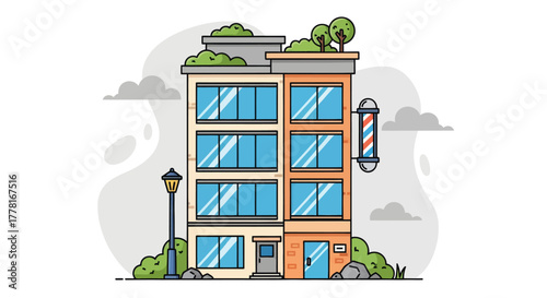 Modern barbershop building illustration with large glass windows, rooftop greenery, and classic barber pole. Flat vector design perfect for urban, architecture, or business concepts.