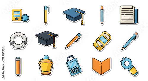 Fifteen colorful cartoon stickers pensmortarboards life preserver bucket electronic devices book bottle opener document