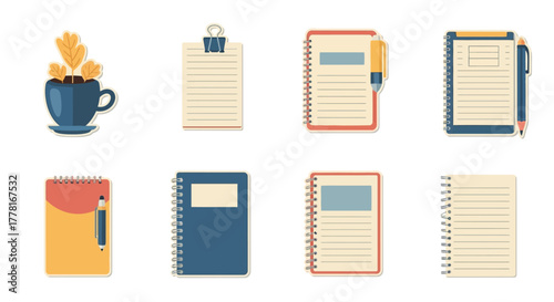 Eight stationery items notepad variations clipattached paper  a potted plant within a blue cup atop a saucer