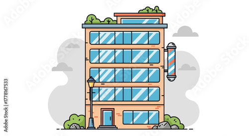 Modern barbershop building illustration with large glass windows, rooftop greenery, and classic barber pole. Flat vector design perfect for urban, architecture, or business concepts.