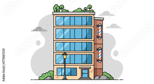Modern barbershop building illustration with large glass windows, rooftop greenery, and classic barber pole. Flat vector design perfect for urban, architecture, or business concepts.