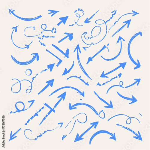 Blue pen arrow collection on checkered paper sheet. Hand drawn crayon various arrows, curved, wavy and straight lines. Direction pointers for notes, doodle and school design. Playful emphasis elements