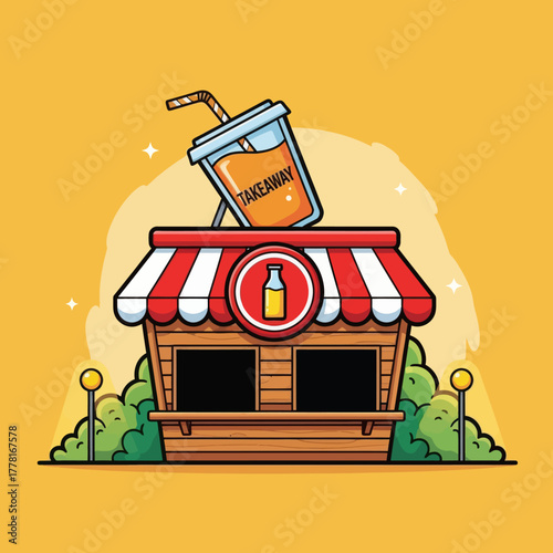 Vector illustration of a small drink shop with a striped red and white awning and a large iced tea cup on the roof. Concept of beverage kiosk, street food, summer refreshment, and cafe business.