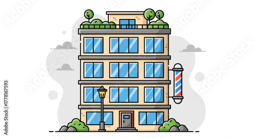 Modern barbershop building illustration with large glass windows, rooftop greenery, and classic barber pole. Flat vector design perfect for urban, architecture, or business concepts.