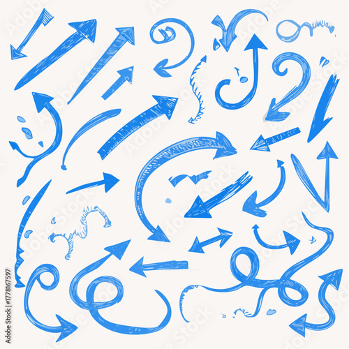 Blue pen arrow collection on checkered paper sheet. Hand drawn crayon various arrows, curved, wavy and straight lines. Direction pointers for notes, doodle and school design. Playful emphasis elements