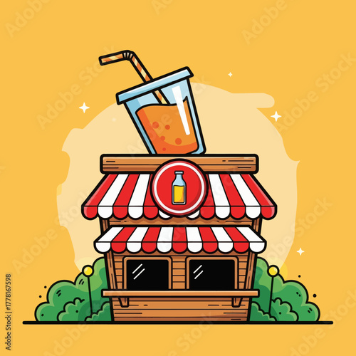 Vector illustration of a small drink shop with a striped red and white awning and a large iced tea cup on the roof. Concept of beverage kiosk, street food, summer refreshment, and cafe business.