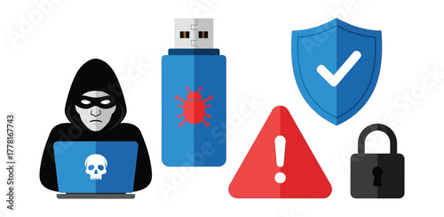 Cyber Security Risk and Protection Set. Hacker, Malware, Data Theft Warning, Shield Defense, and Padlock Security Vector Flat Illustrations.