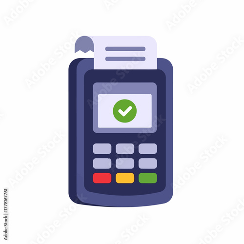 Modern POS terminal illustration with payment receipt and green check mark, symbolizing successful card transaction. Ideal for finance, banking, retail, and digital payment concepts.