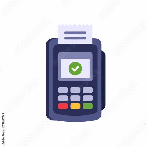 Modern POS terminal illustration with payment receipt and green check mark, symbolizing successful card transaction. Ideal for finance, banking, retail, and digital payment concepts.