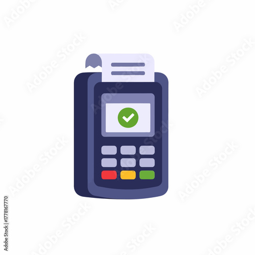 Modern POS terminal illustration with payment receipt and green check mark, symbolizing successful card transaction. Ideal for finance, banking, retail, and digital payment concepts.