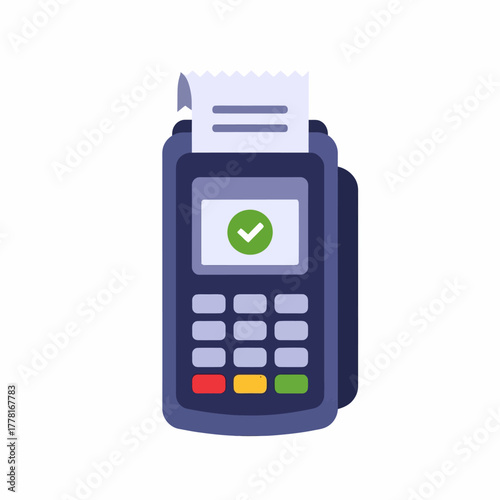 Modern POS terminal illustration with payment receipt and green check mark, symbolizing successful card transaction. Ideal for finance, banking, retail, and digital payment concepts.