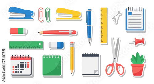 Flat illustration of office supplies staplers paper clips pens rulers erasers pencils pads scissors pushpin calendar plant