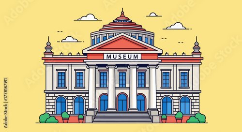 Flat vector illustration of a museum building with classical architecture, columns, and dome on yellow background. Perfect for education, culture, tourism, and history design projects.