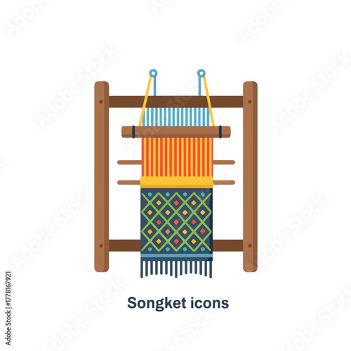 Traditional indonesian songket weaving loom showcasing vibrant fabric, ideal for designs featuring cultural heritage, textiles, craftsmanship, indonesia tourism themes.
