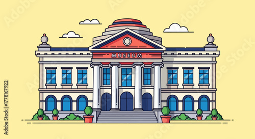 Flat vector illustration of a museum building with classical architecture, columns, and dome on yellow background. Perfect for education, culture, tourism, and history design projects.