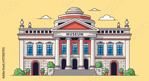 Flat vector illustration of a museum building with classical architecture, columns, and dome on yellow background. Perfect for education, culture, tourism, and history design projects.