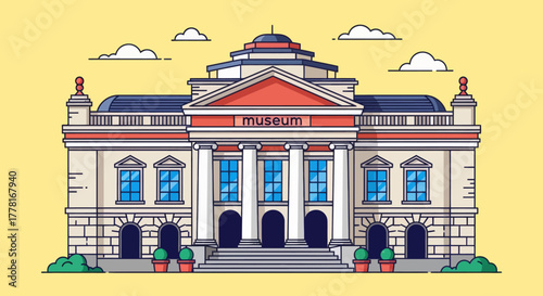 Flat vector illustration of a museum building with classical architecture, columns, and dome on yellow background. Perfect for education, culture, tourism, and history design projects.