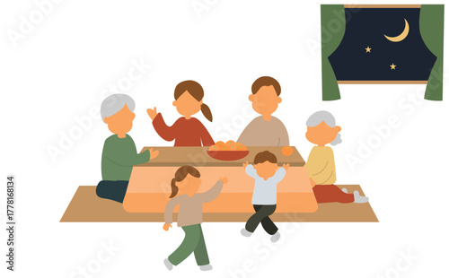 こたつでくつろぐ幸せな家族のイラスト