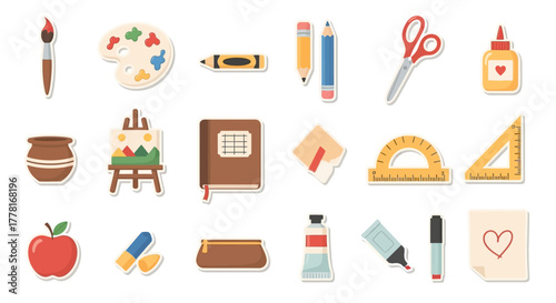 Illustration of art supplies paintbrush palette pencils scissors glue clay pot easel notebook ruler apple paint paper