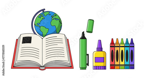 Image showing a book with a globe a highlighter glue and crayons