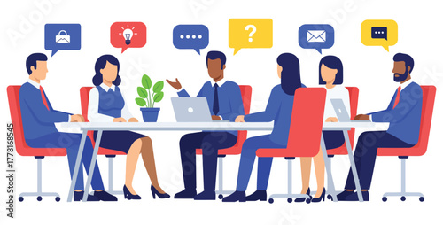 Business Meeting and Brainstorming Collaboration. Diverse Team Discussing Ideas, Strategy, Communication, and Problem Solving Vector Flat Illustration