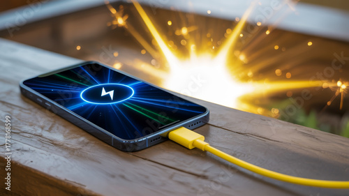 Close up of a smartphone charging with a lightning bolt icon on screen and yellow cable on wooden surface