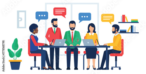Formal Business Team Meeting and Communication. Diverse Professionals Discussing Strategy, Negotiation, and Collaborative Project Work Vector Flat Illustration.